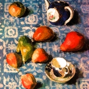 Hrušky na modrém ubrusu