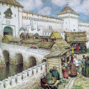 Obchůdky s knihami na Spasském mostě v 17. století (1916)