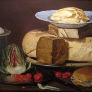 Zátiší se sýrem, artyčokem a třešněmi