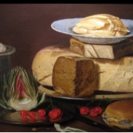 Zátiší se sýrem, artyčokem a třešněmi