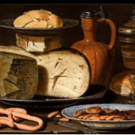 Zátiší se sýrem, mandlemi a preclíky