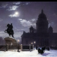 Pohled na památník Petra I. na Senátním náměstí v Petrohradě