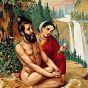 Menáka svádí jogína, z ilustrací k eposu Mahabhárata