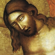 Ukřižování (před rokem 1350), detail, Kristova tvář