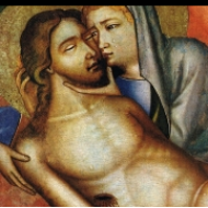 Oplakávání Krista (před rokem 1350), detail, Kristus a Marie
