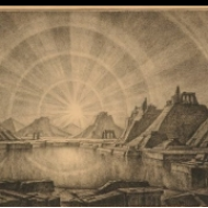 Imaginární krajina s pyramidami, litografie (1922)