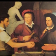 Trojportrét, zleva Rudolf Schadow, Bertel Thorvaldsen, vpravo autor Wilhelm von Schadow