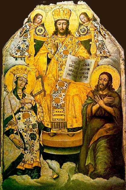 Kristus na trůnu, Bohorodička a Jan Křtitel, kolem roku 1760, vesnice Berezna, Černigovská oblast