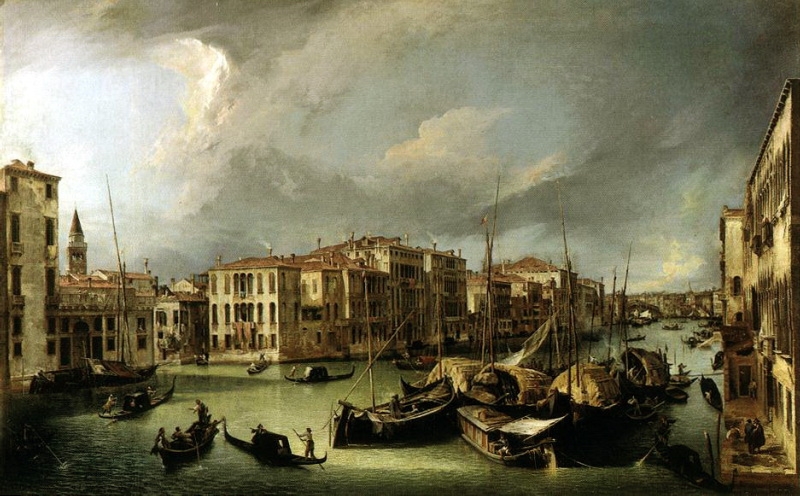 Velký kanál s mostem Rialto v pozadí, Benátky