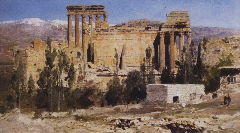 Baalbek, rozvaliny chrámů Jupitera a Slunce (1882)