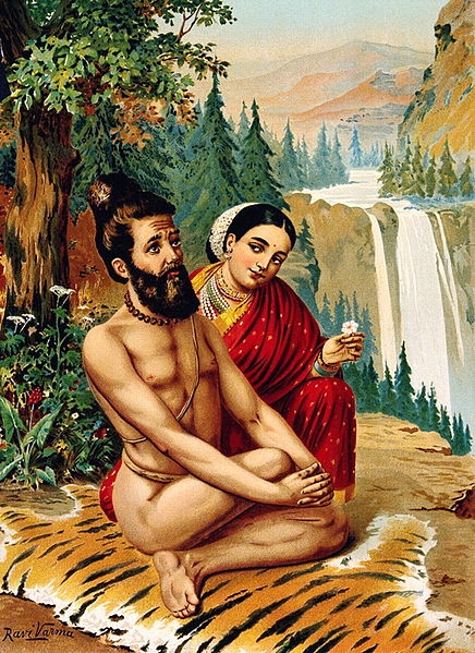 Menáka svádí jogína, z ilustrací k eposu Mahabhárata
