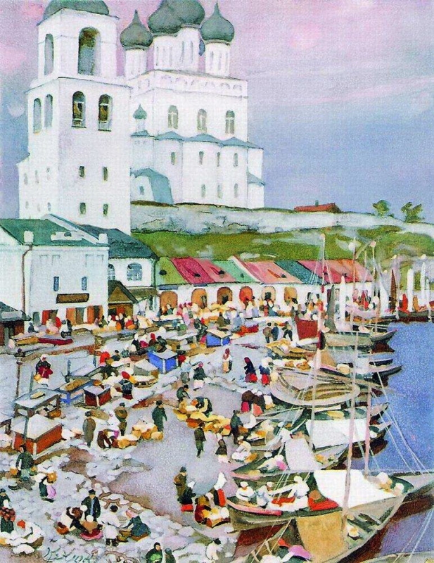 Pskov, loďky na řece