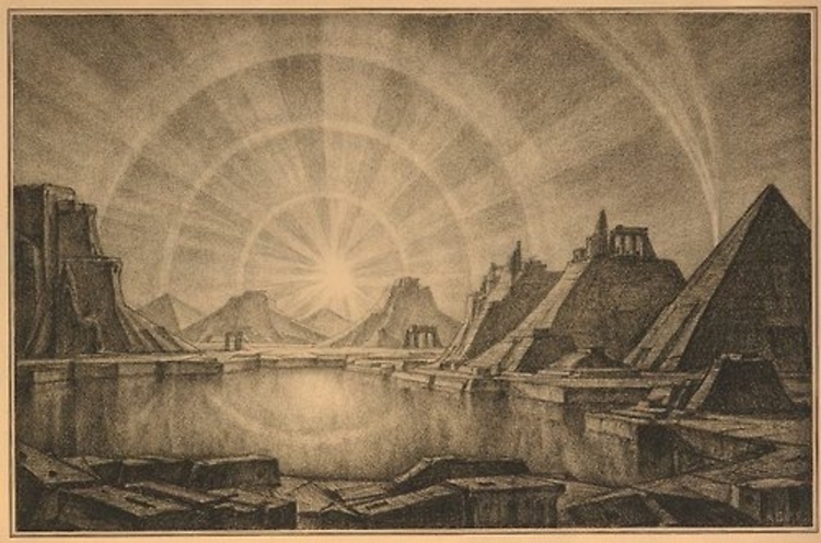 Imaginární krajina s pyramidami, litografie (1922)
