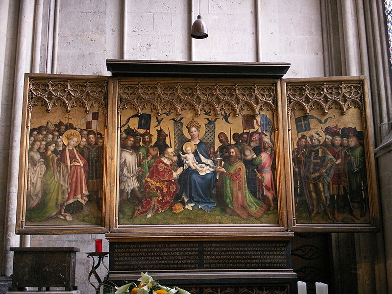 Oltář v Kolínské katedrále, otevřený s Madonou a světci