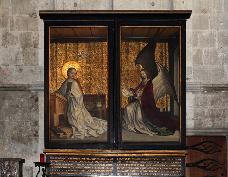 Oltář v kolínské katedrále, uzavřený s motivem Zvěstování