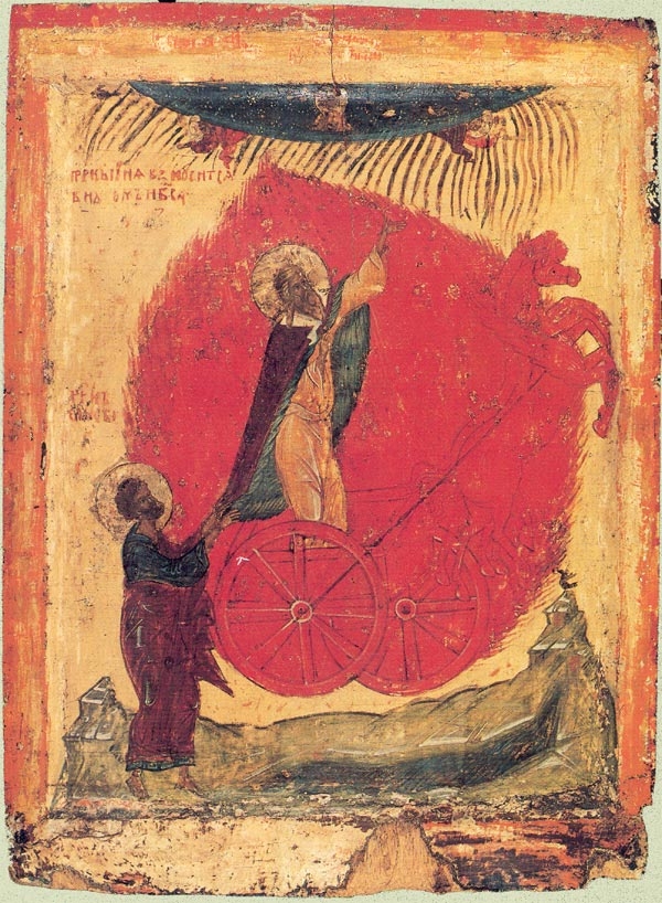 Prorok Eliáš na ohnivém voze, ikona, novgorodská škola, 15. století