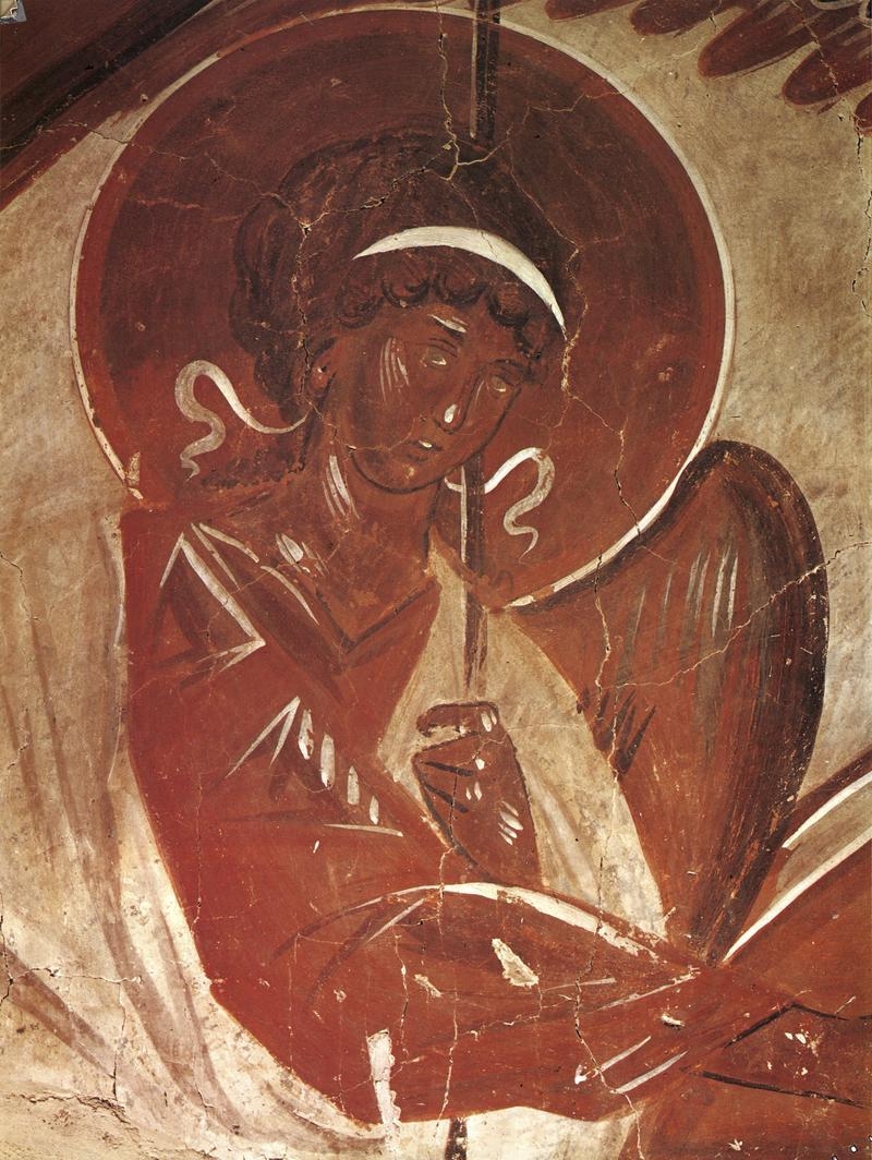 Levý anděl, fragment fresky Trojice, chrám Proměnění Páně v Novgorodu, 1378, Theofan Řek