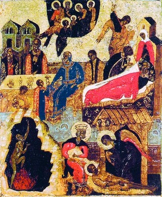 Podobenství o Lazarovi a boháči, klejmo ikony Smolenský Spasitel s podobenstvími, 16. století, ruská ikona