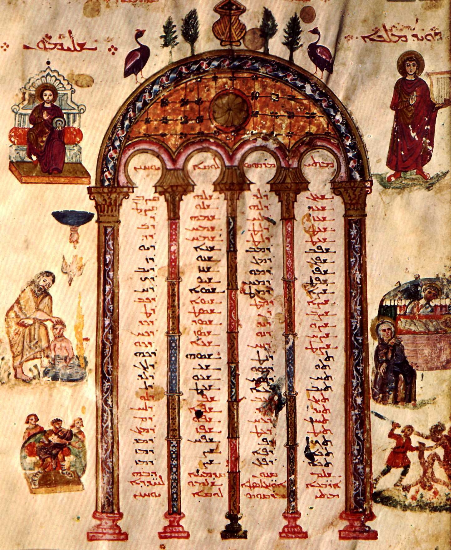 Tabulka s kánony. Zobrazení - Šalomoun, Narození Kristovo, Vraždění neviňátek, Křest