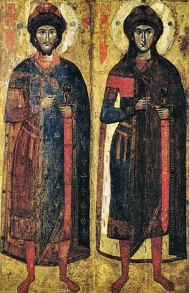 Svatí Boris a Gleb. Ikona z druhé poloviny 13. století. Muzeum ruského umění v Kyjevě
