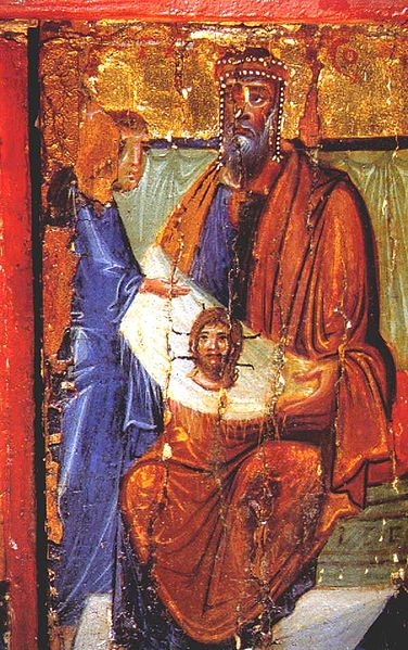Král Abgar dostává mandylion. Část polyptychu, 10. století.
