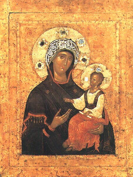 Bohorodička Peribleptos. Ikona z druhé poloviny 14. století, Sergijevsko-posadské muzeum.